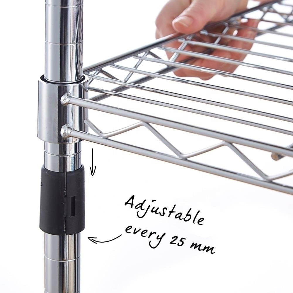 Heavy Duty Movable Chrome Wire Rack 4 Tier Shelf Adjustable Steel Chrome Racking Wire Shelving