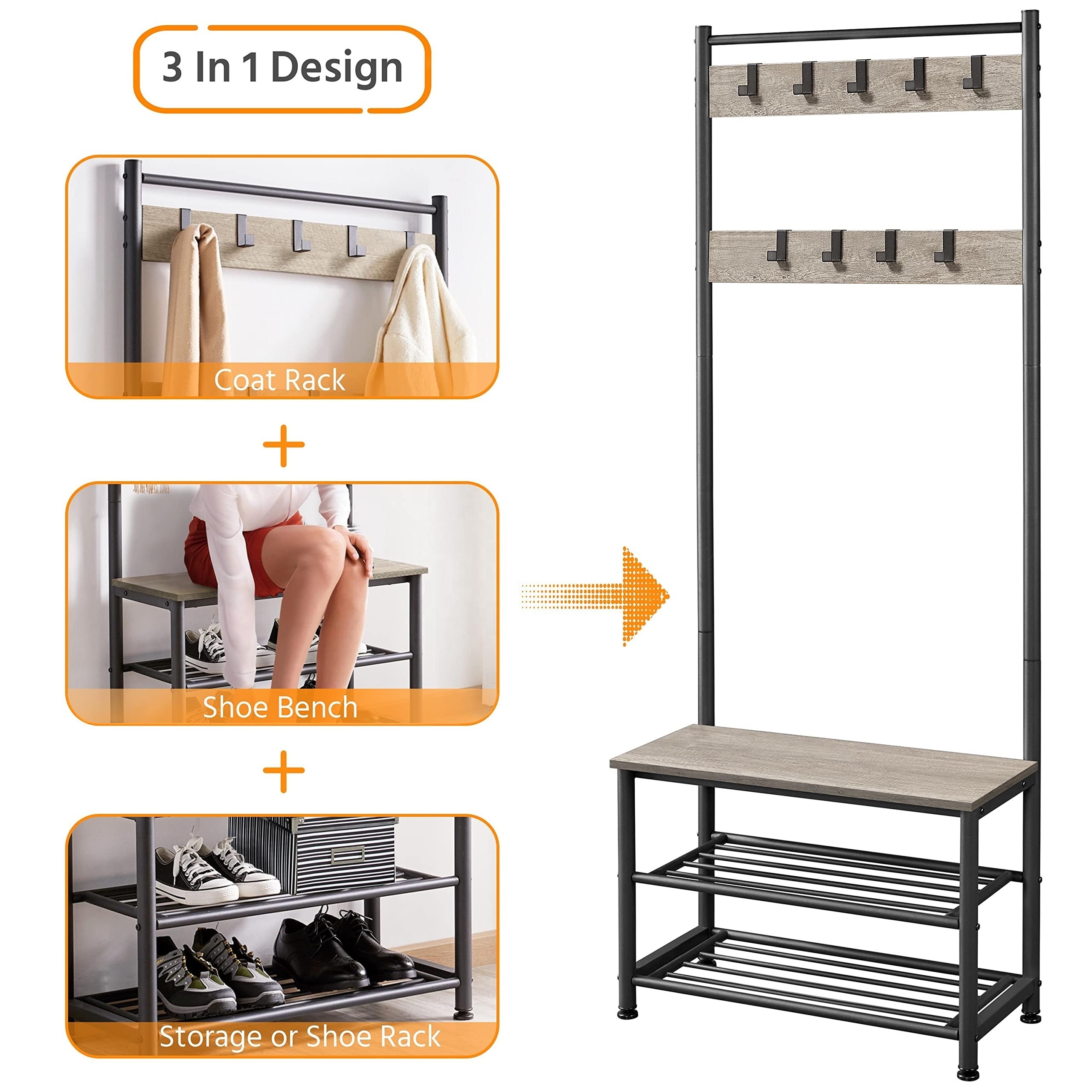 Vintage Free Standing 3-In-1 Easy Assembly Household Entry Hall Tree Entry Coat Rack Hall Tree Shoe Bench Metal Hook Coat Rack