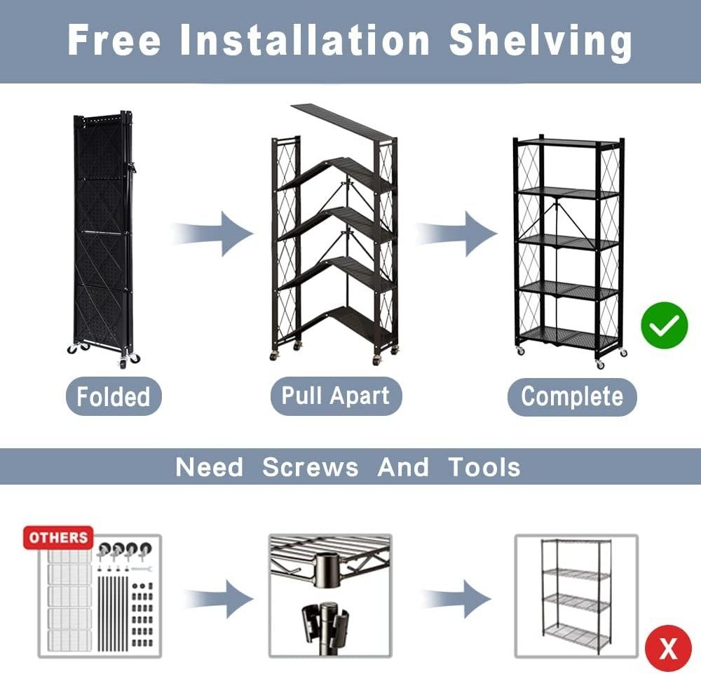 Hot Sale 5 Tier Stackable Collapsible Metal Folding Shelf Kichen Removable Foldable Storage Rack Multifunctional Folding Shelf