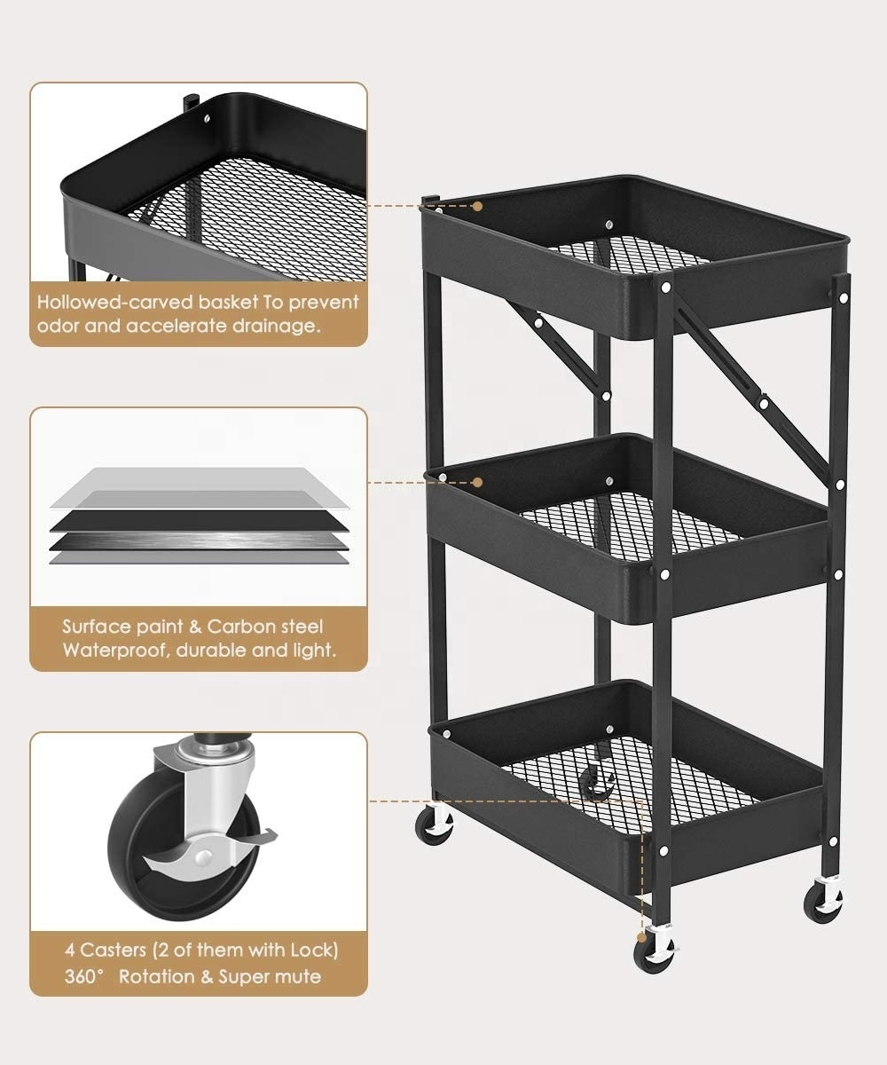 Household Kitchen Display Storage 3-Tier Folding Rolling Organizer Cart Utility Compact Metal Wire Mesh Shelf