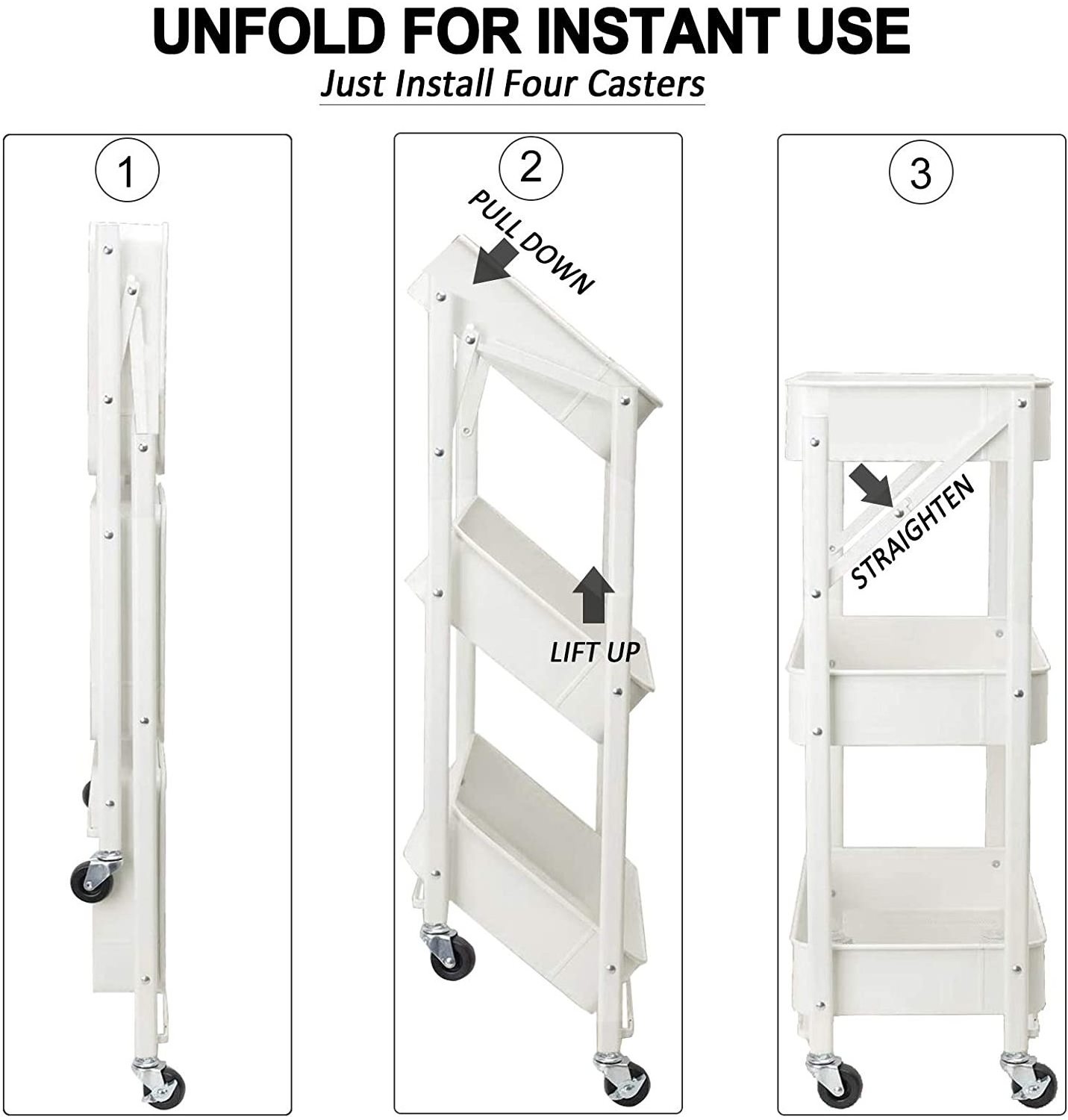 Multifunction Collapsible Bathroom Storage Rack Household Metal Wire Shelf Rolling Compact Folding Cart Kitchen Trolley