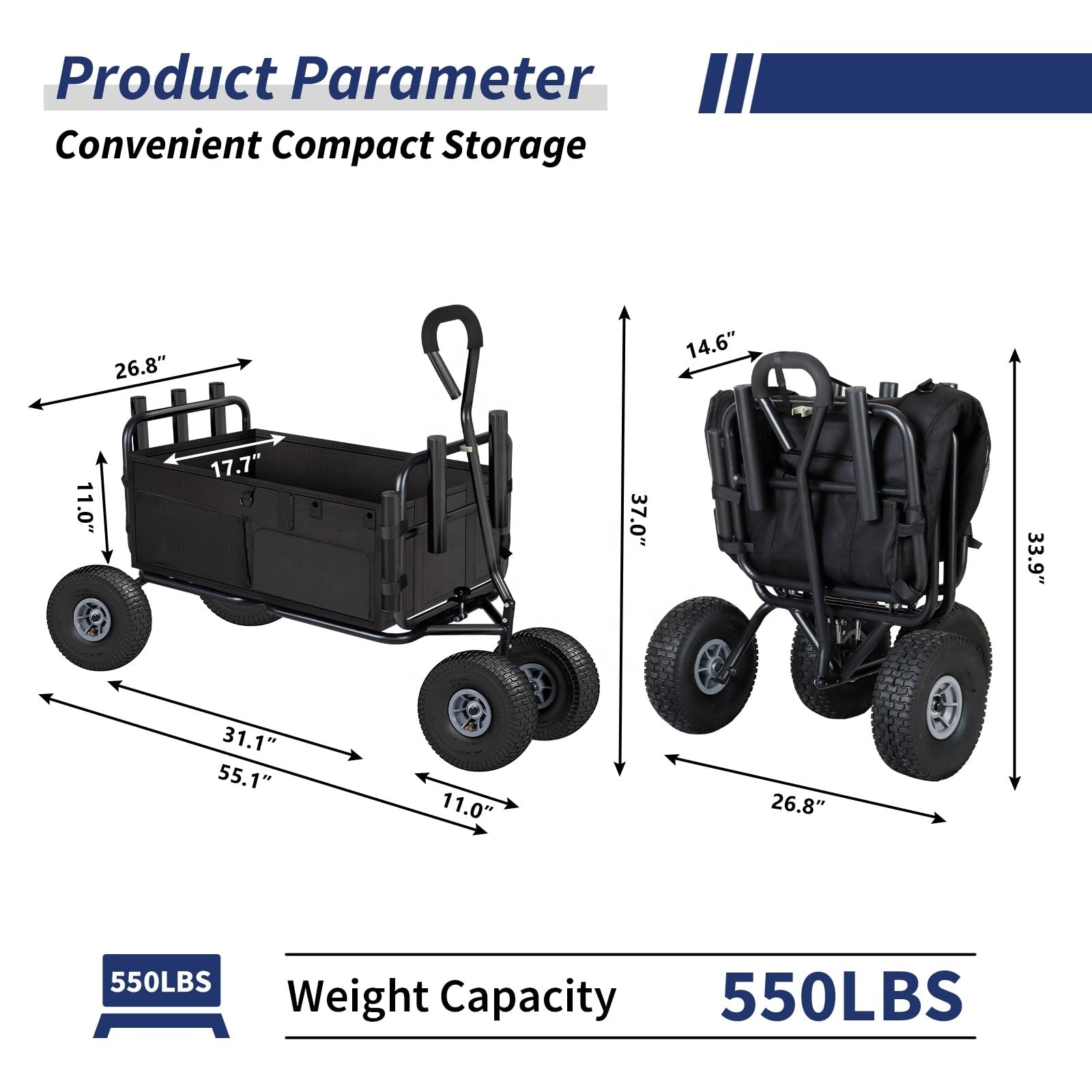 Fishing Cart Heavy Duty Foldable Frame Wagons Carts All-Terrain 550lbs Load Rod Fishing Cart With 5 Fish Holders