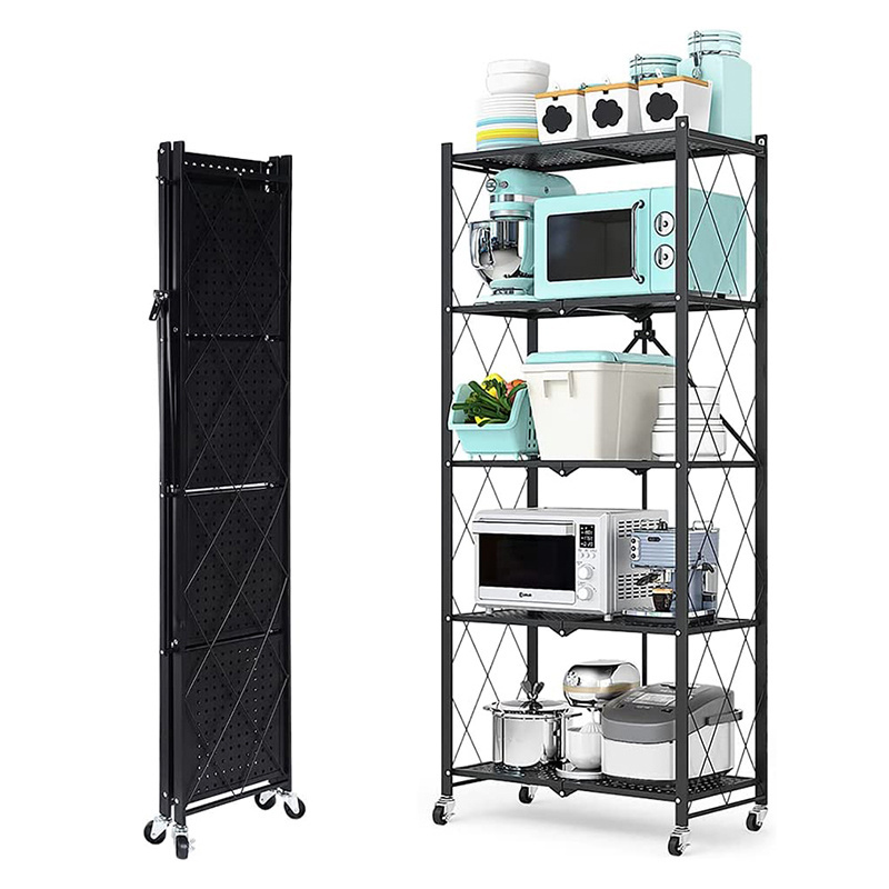 Hot Sale 5 Tier Stackable Collapsible Metal Folding Shelf Kichen Removable Foldable Storage Rack Multifunctional Folding Shelf