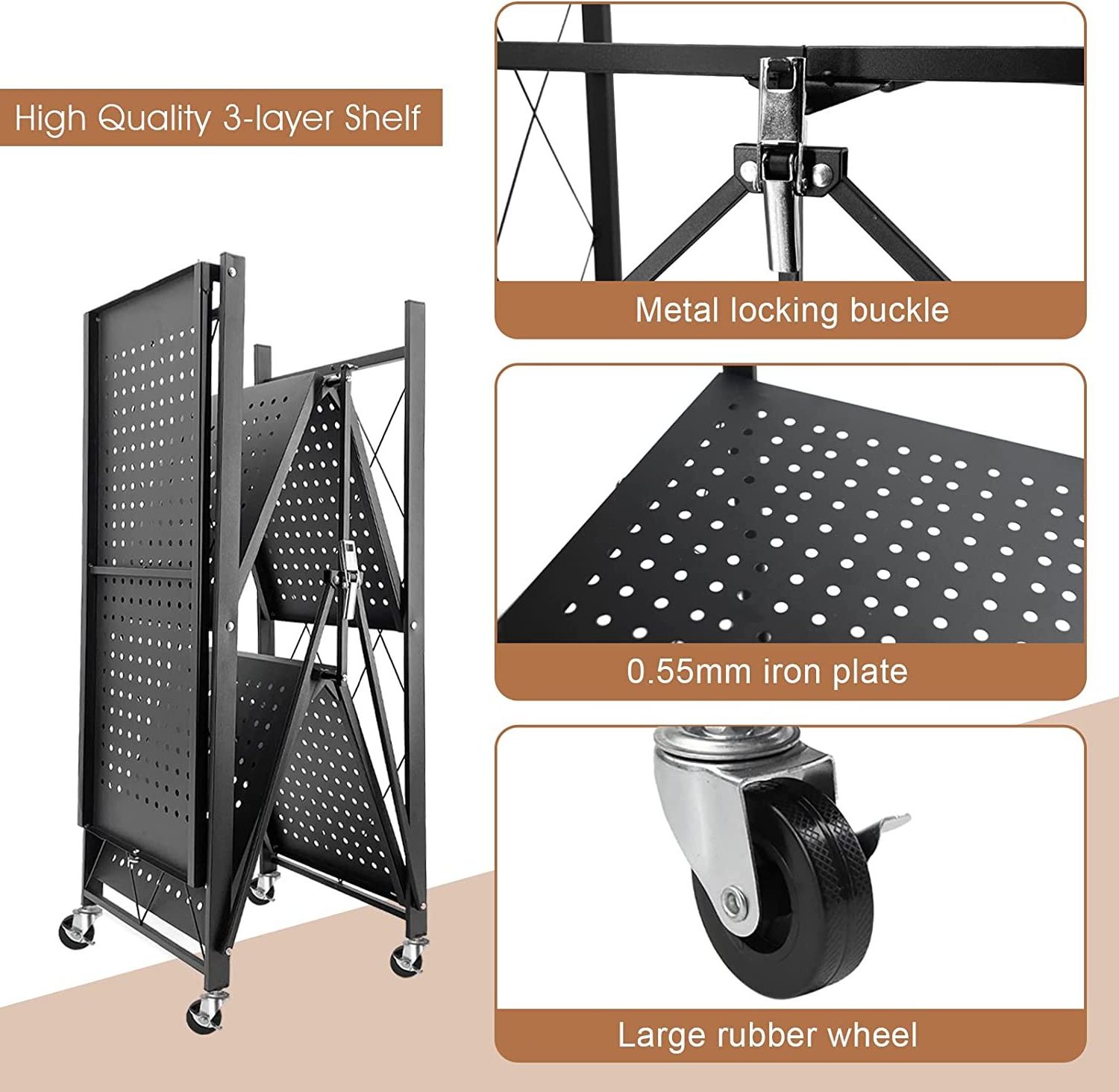 3 Tier High Capacity Floor Standing Multilayer Folding Mobile Microwave Oven Rack Foldable Clothes Rack With Wheels