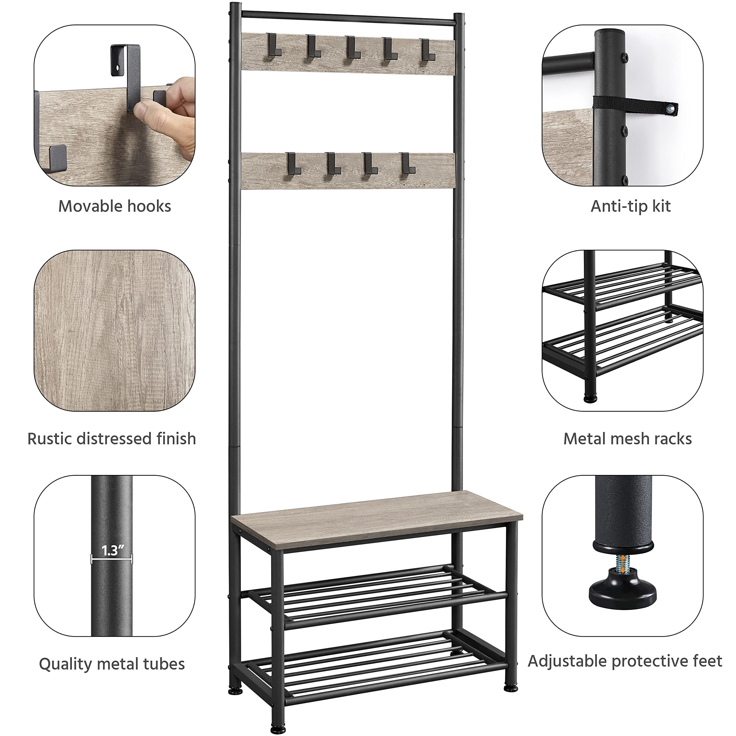 Vintage Free Standing 3-In-1 Easy Assembly Household Entry Hall Tree Entry Coat Rack Hall Tree Shoe Bench Metal Hook Coat Rack