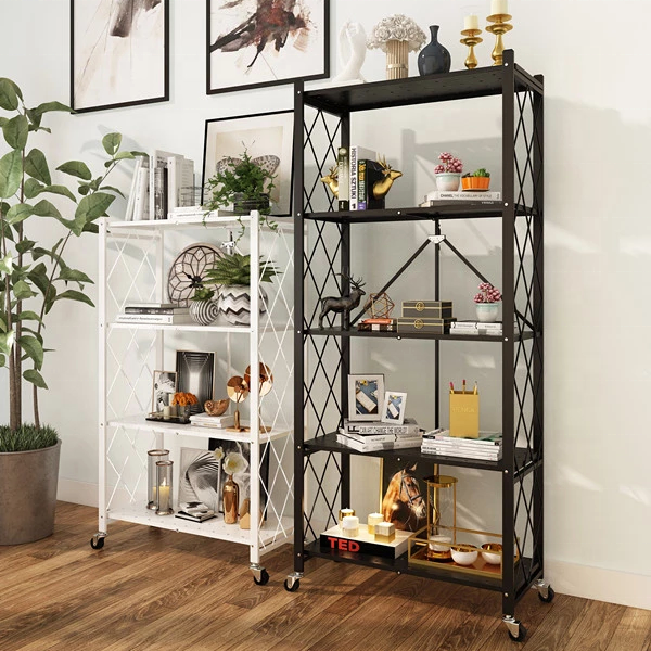 Folding Storage Rack Home Storage Foldable Kitchen Display Rack Shelf with Wheels Kitchen Organizer Shelf