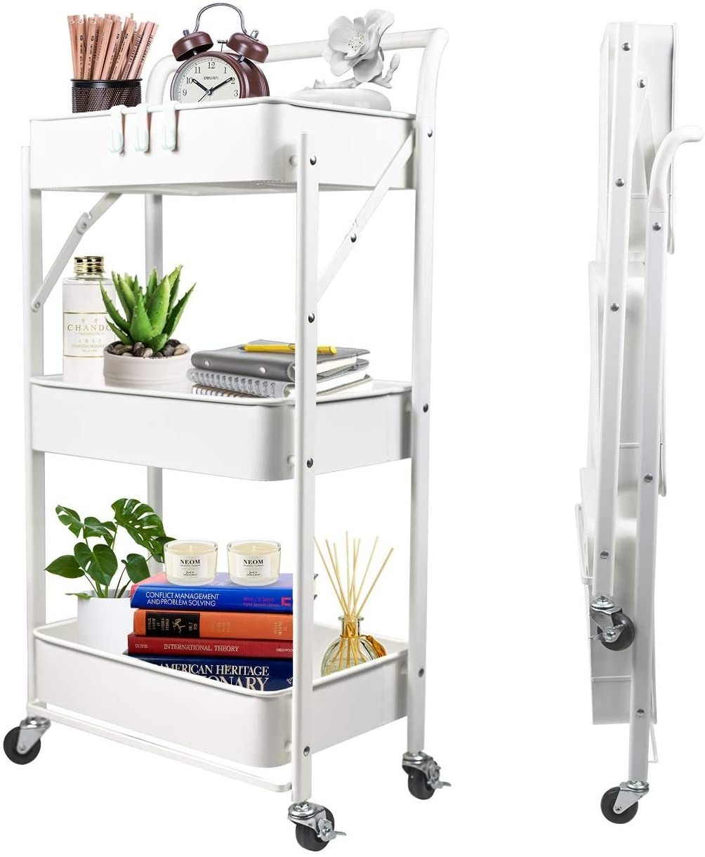 Multifunction Collapsible Bathroom Storage Rack Household Metal Wire Shelf Rolling Compact Folding Cart Kitchen Trolley