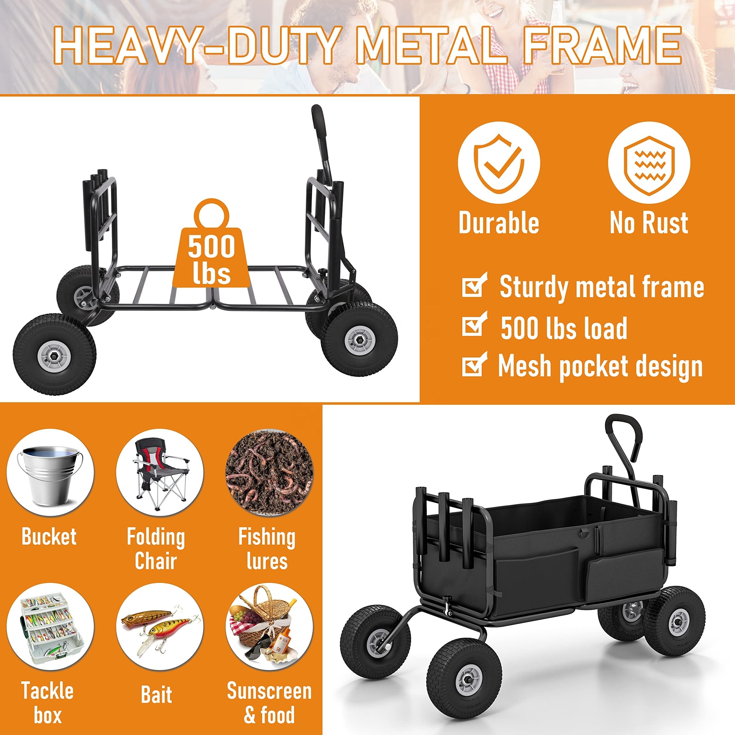 Collapsible Heavy Duty Foldable Frame Wagons Carts All-Terrain 550lbs Load With 5 Fish Holders