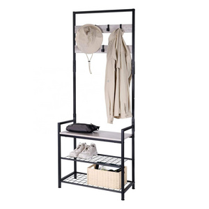 Home Furniture Hall Tree Free Standing Household Removable Hooks Metal 3-In-1 Entryway Coat Rack Hanger Shoe Bench