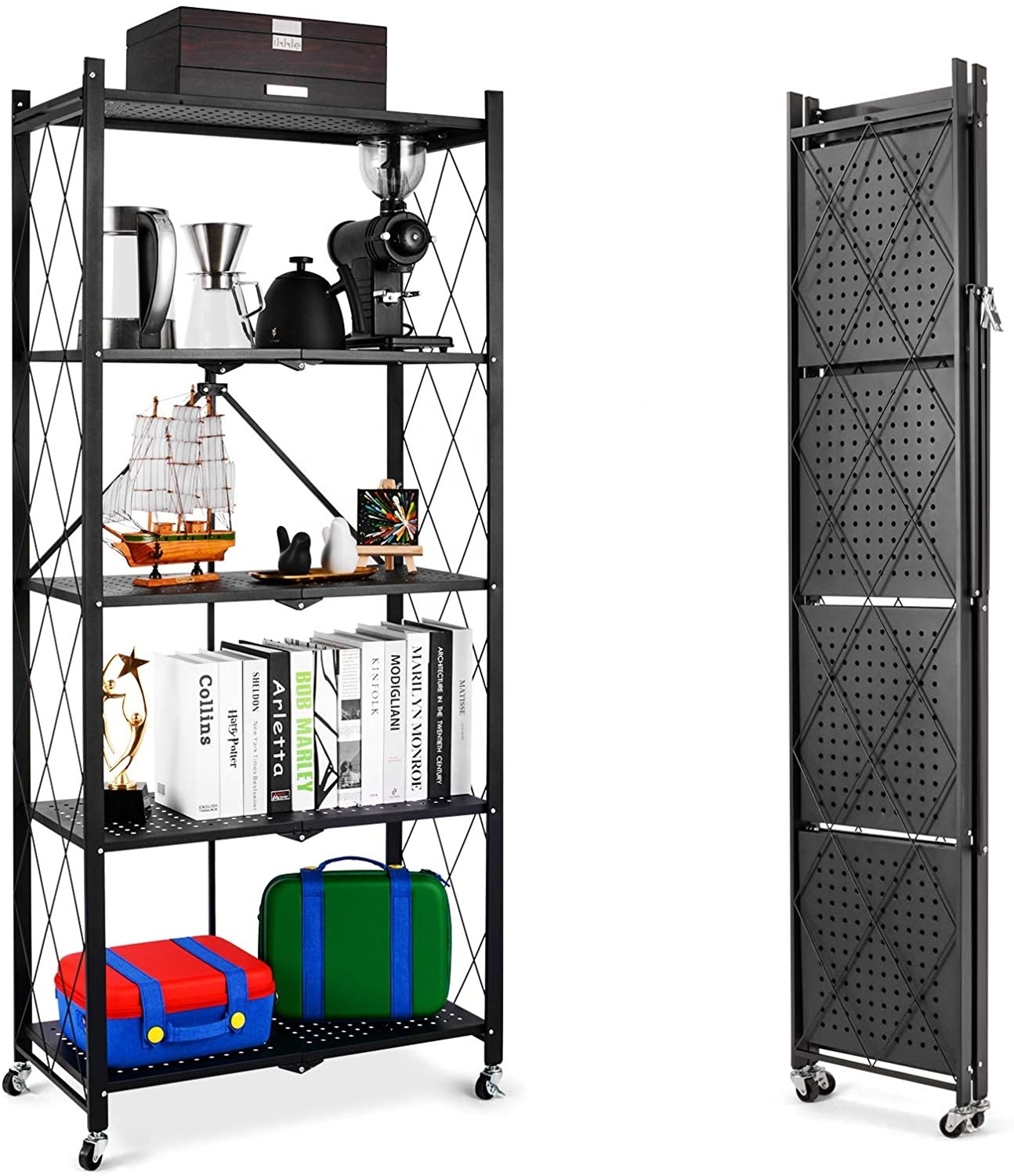 5 Tier Heavy Duty Removable Folding Storage Rack Kitchen Foldable Shelving Unit Bathroom Home Organizer Shelves With Wheels