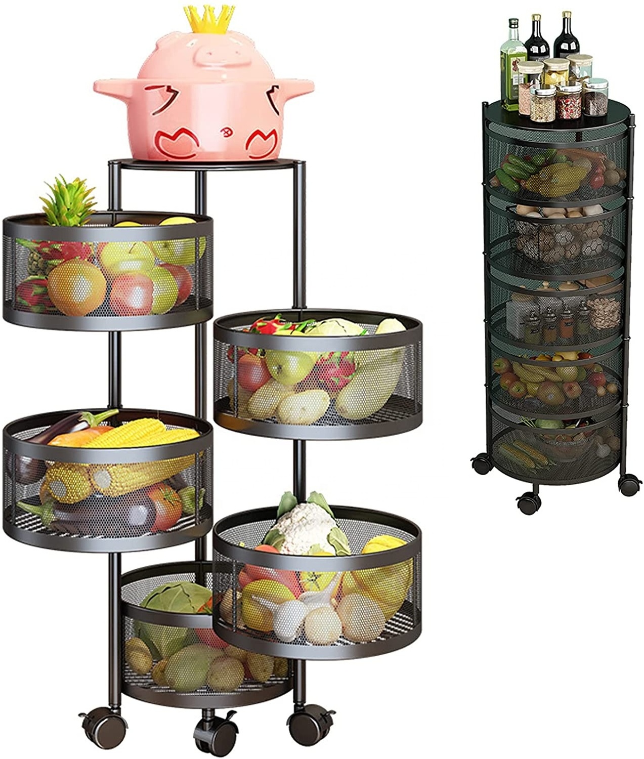 Multi Layer Household Floor Standing Mobile Metal Wire Basket Rotating Vegetable Storage Shelves Display Rack For Kitchen