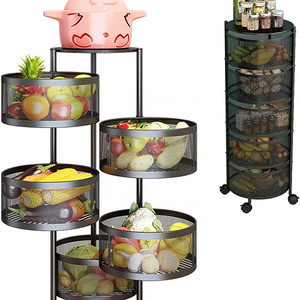 Multi Layer Household Floor Standing Mobile Metal Wire Basket Rotating Vegetable Storage Shelves Display Rack For Kitchen