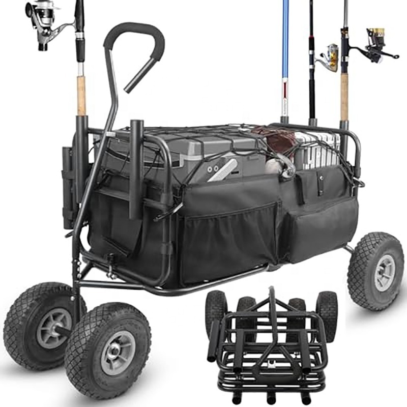 Collapsible Heavy Duty Foldable Frame Wagons Carts All-Terrain 550lbs Load With 5 Fish Holders