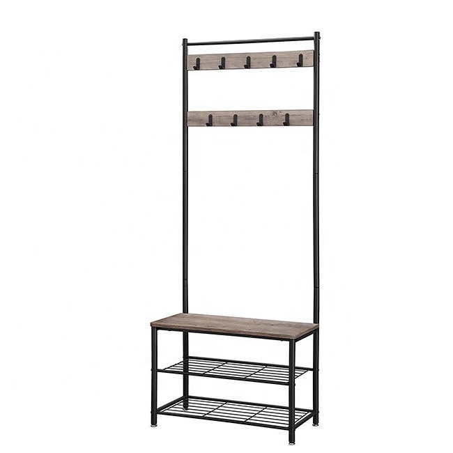 Modern Household 3 In 1 Free Standing Entry Hallway Coat Rack Entryway Hooks Metal Stand Coat Rack With Shoe Bench