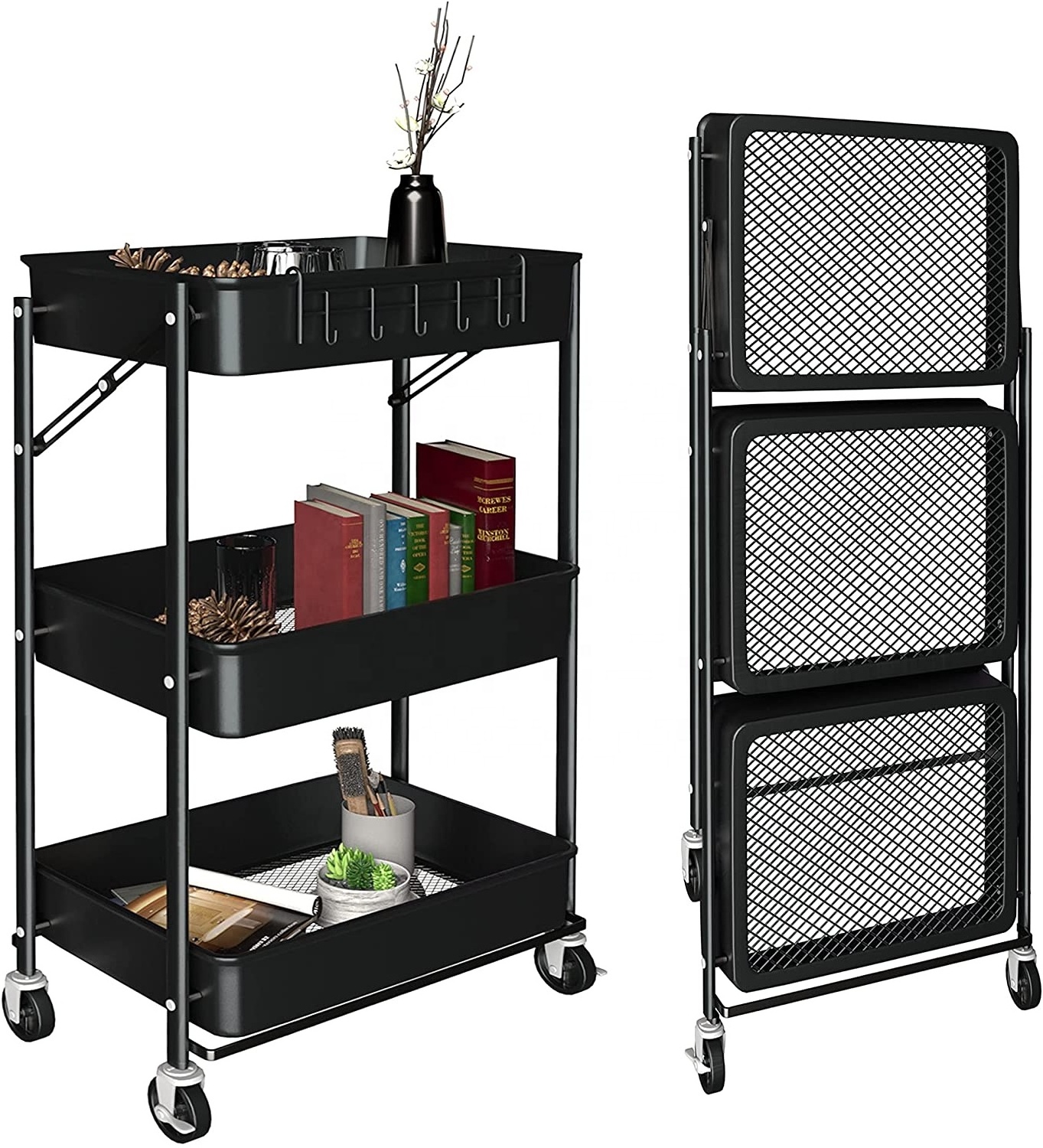 Household Kitchen Display Storage 3-Tier Folding Rolling Organizer Cart Utility Compact Metal Wire Mesh Shelf