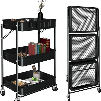 Household Kitchen Display Storage 3-Tier Folding Rolling Organizer Cart Utility Compact Metal Wire Mesh Shelf