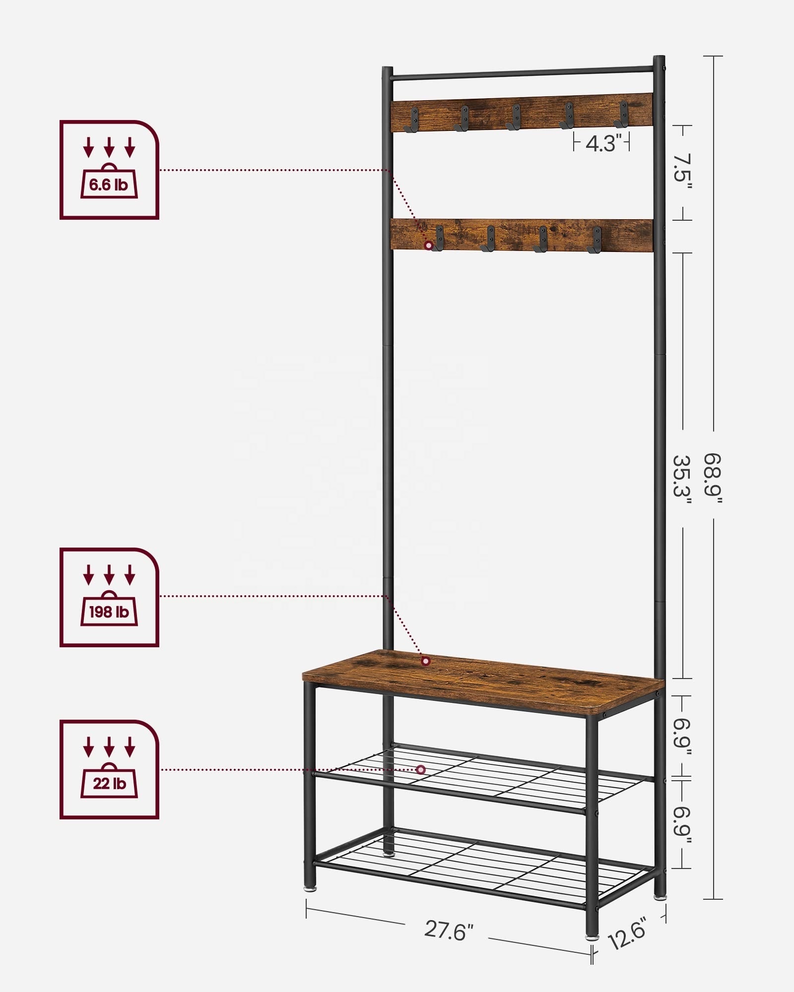 Hall Tree Standing Modern Hallway Tree Shoe Hat Storage Rack Bench 3-In-1 Coat Racks With Removable Hooks