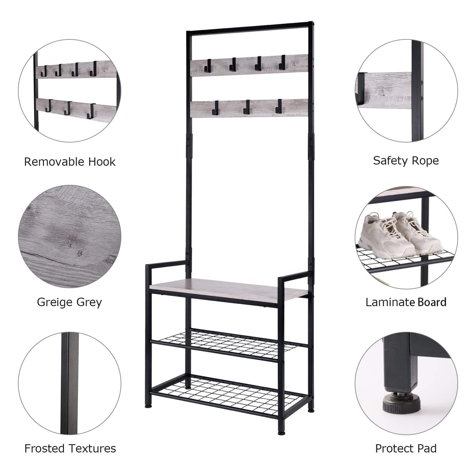 Home Furniture Hall Tree Free Standing Household Removable Hooks Metal 3-In-1 Entryway Coat Rack Hanger Shoe Bench