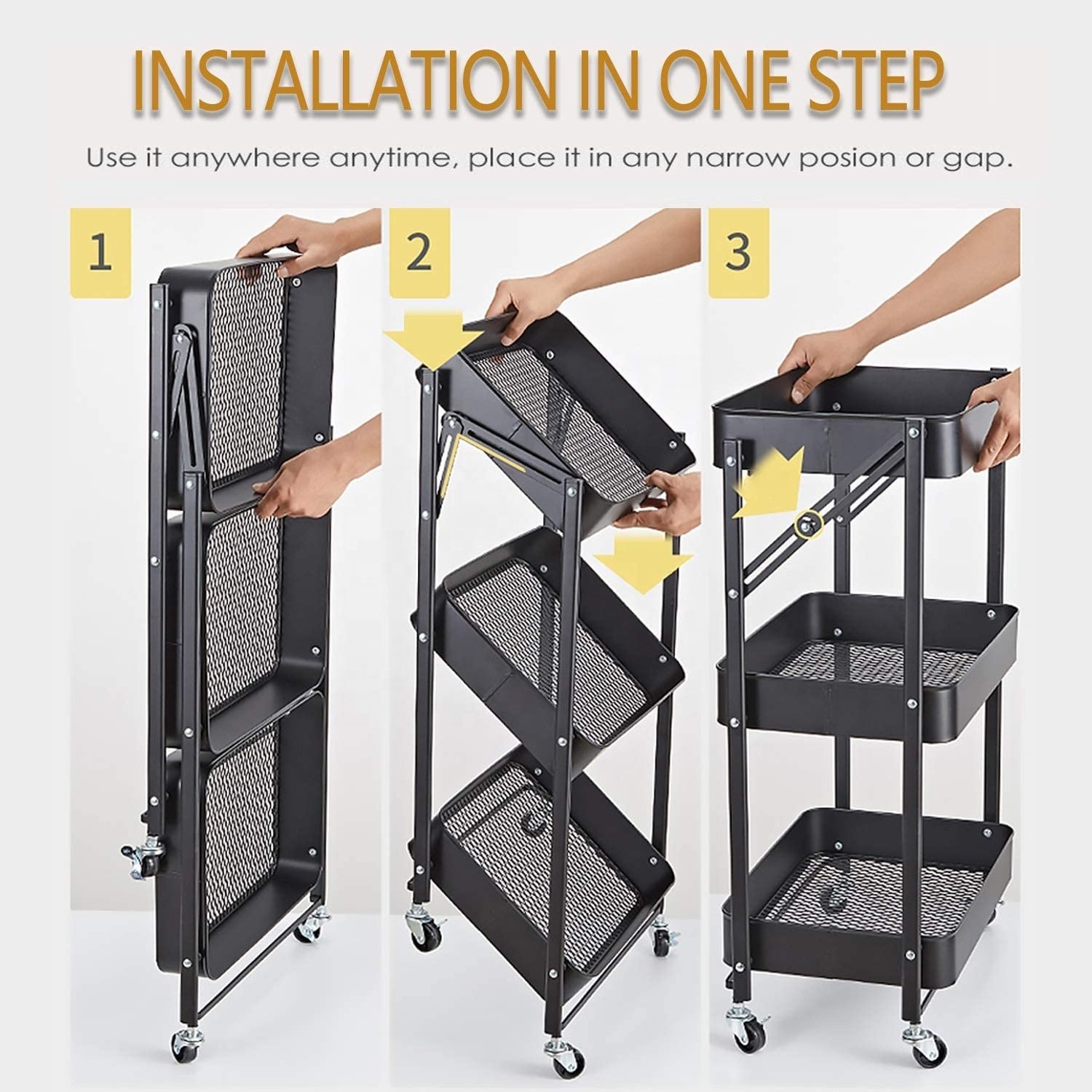 Household Kitchen Display Storage 3-Tier Folding Rolling Organizer Cart Utility Compact Metal Wire Mesh Shelf