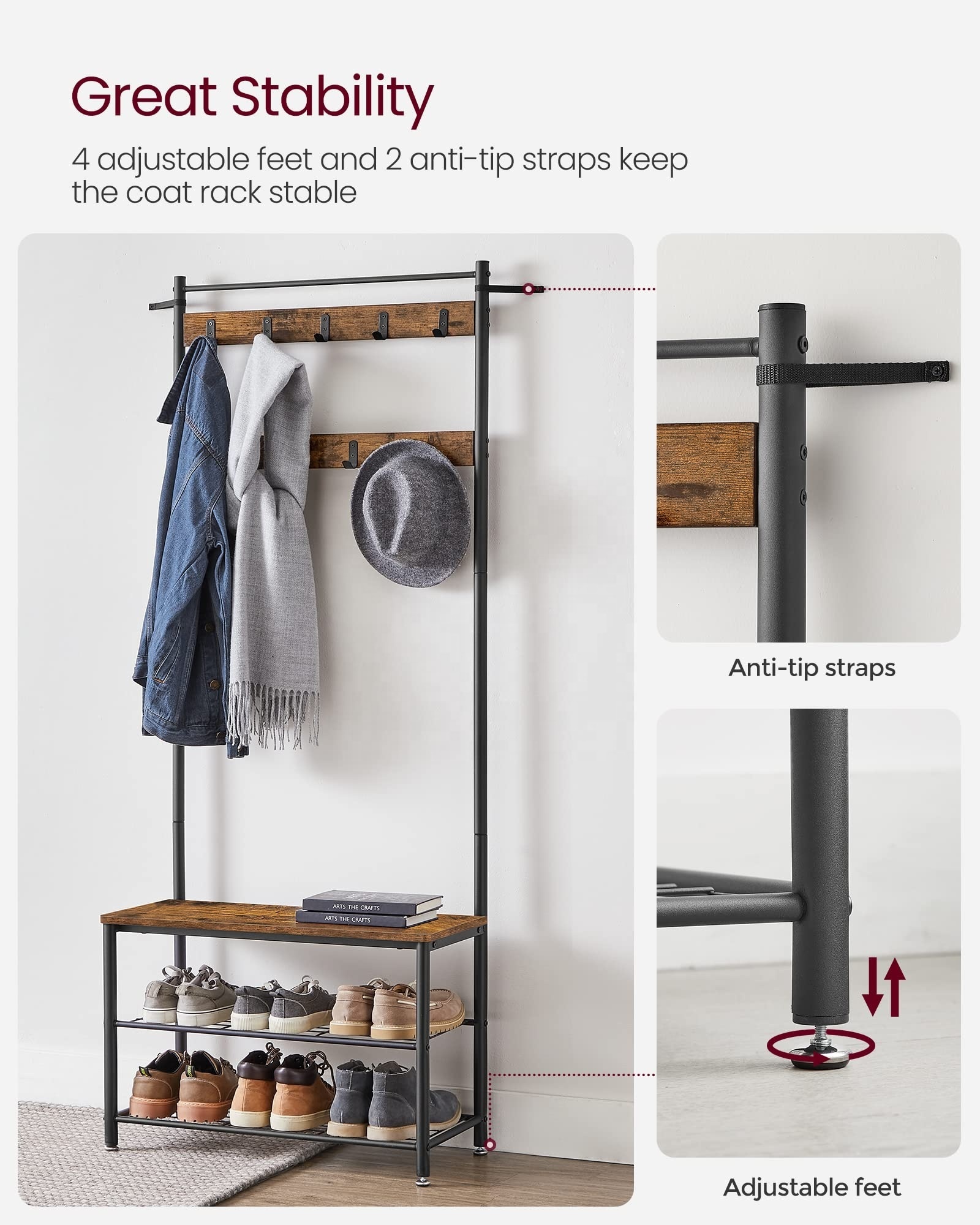 Hall Tree Standing Modern Hallway Tree Shoe Hat Storage Rack Bench 3-In-1 Coat Racks With Removable Hooks