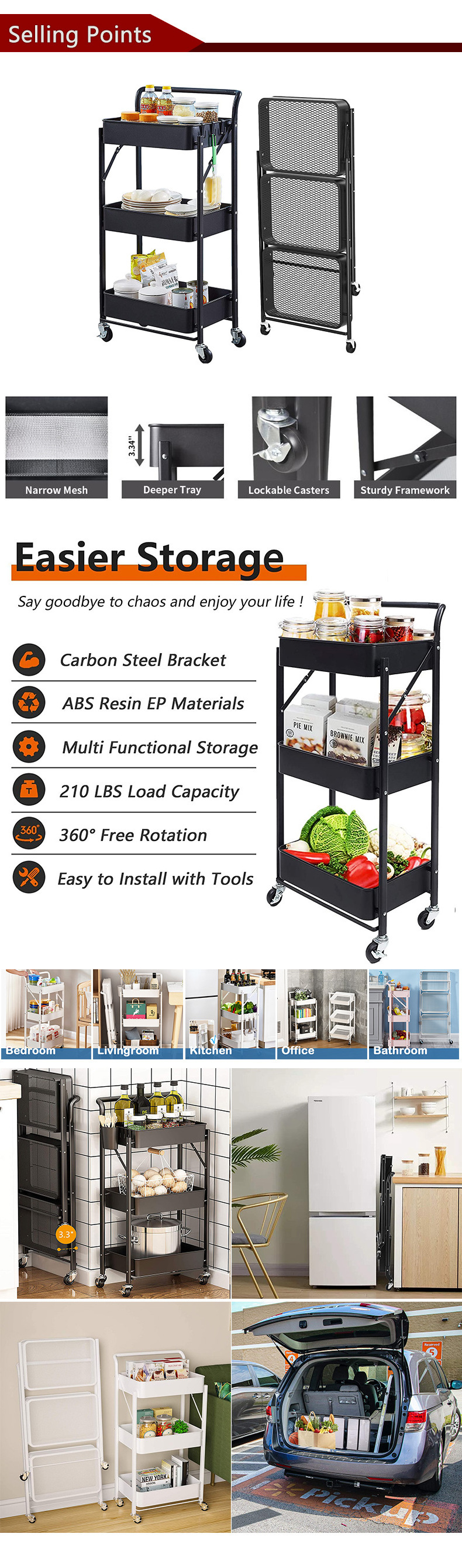 Multifunction Collapsible Bathroom Storage Rack Household Metal Wire Shelf Rolling Compact Folding Cart Kitchen Trolley