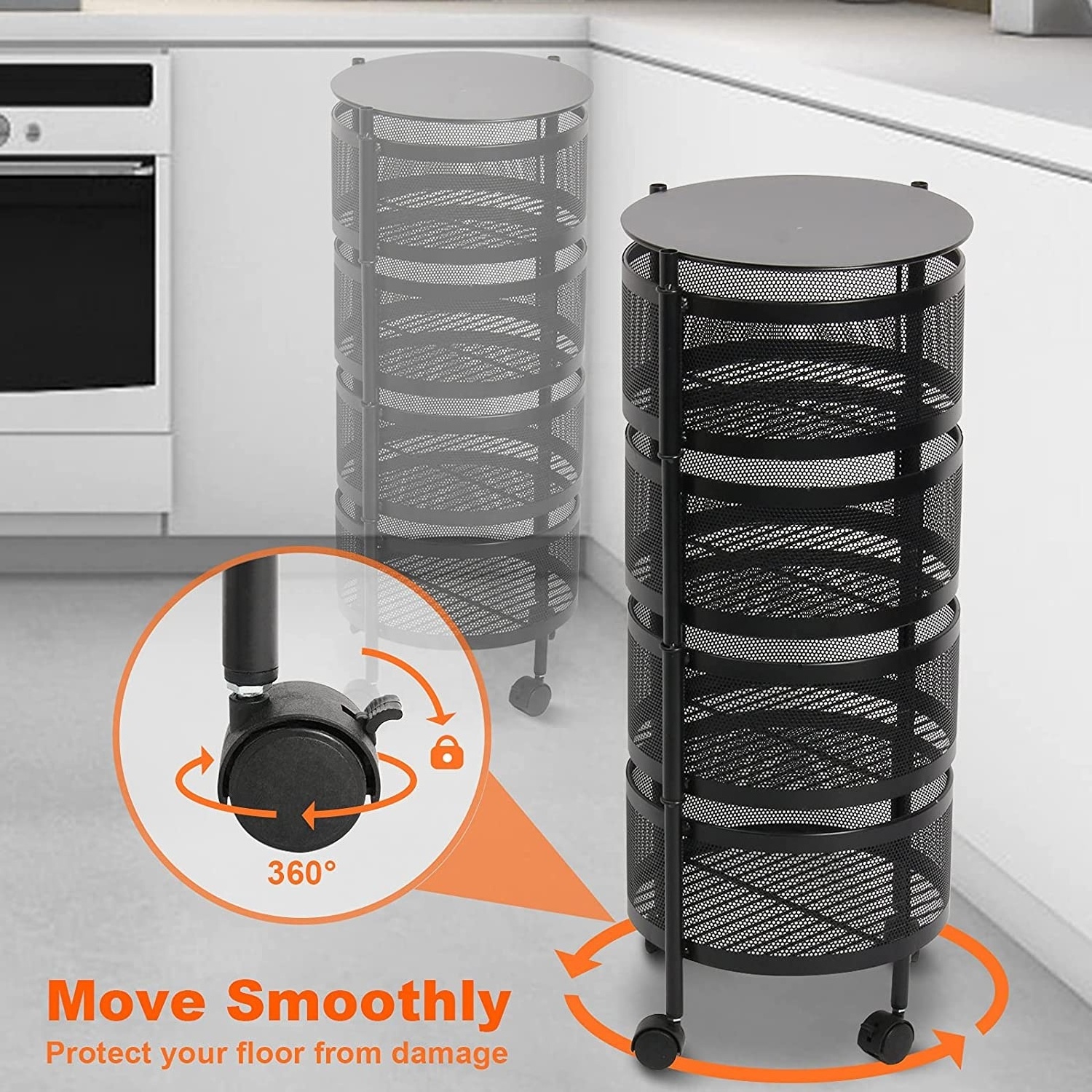 Multi Layer Household Floor Standing Mobile Metal Wire Basket Rotating Vegetable Storage Shelves Display Rack For Kitchen