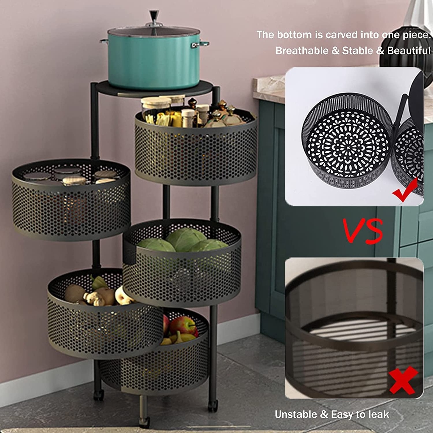 Multi Layer Household Floor Standing Mobile Metal Wire Basket Rotating Vegetable Storage Shelves Display Rack For Kitchen