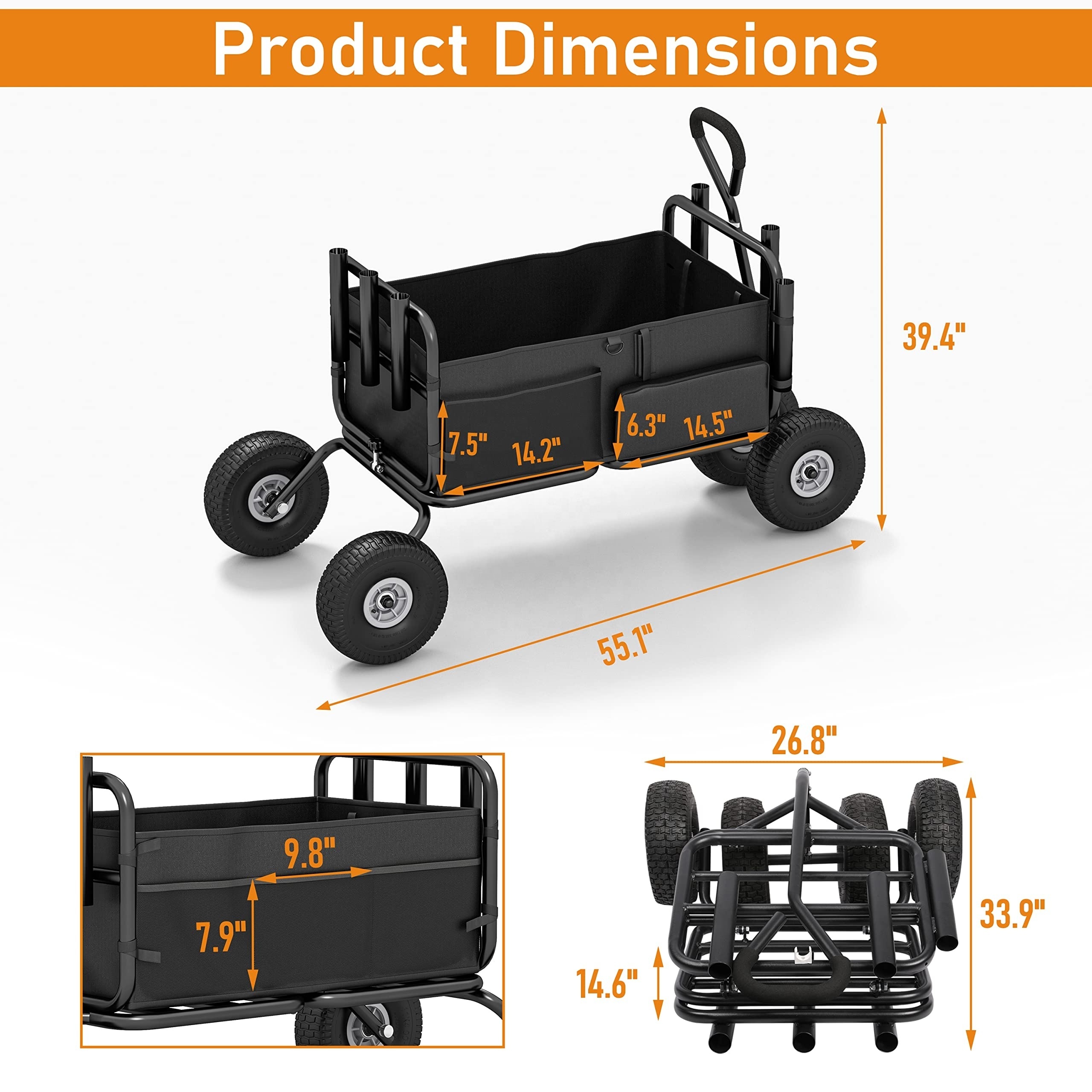 Fishing Wagon Heavy Duty Folding Frame Carts Trolley All-Terrain 550lbs Load Beach Fishing Cart