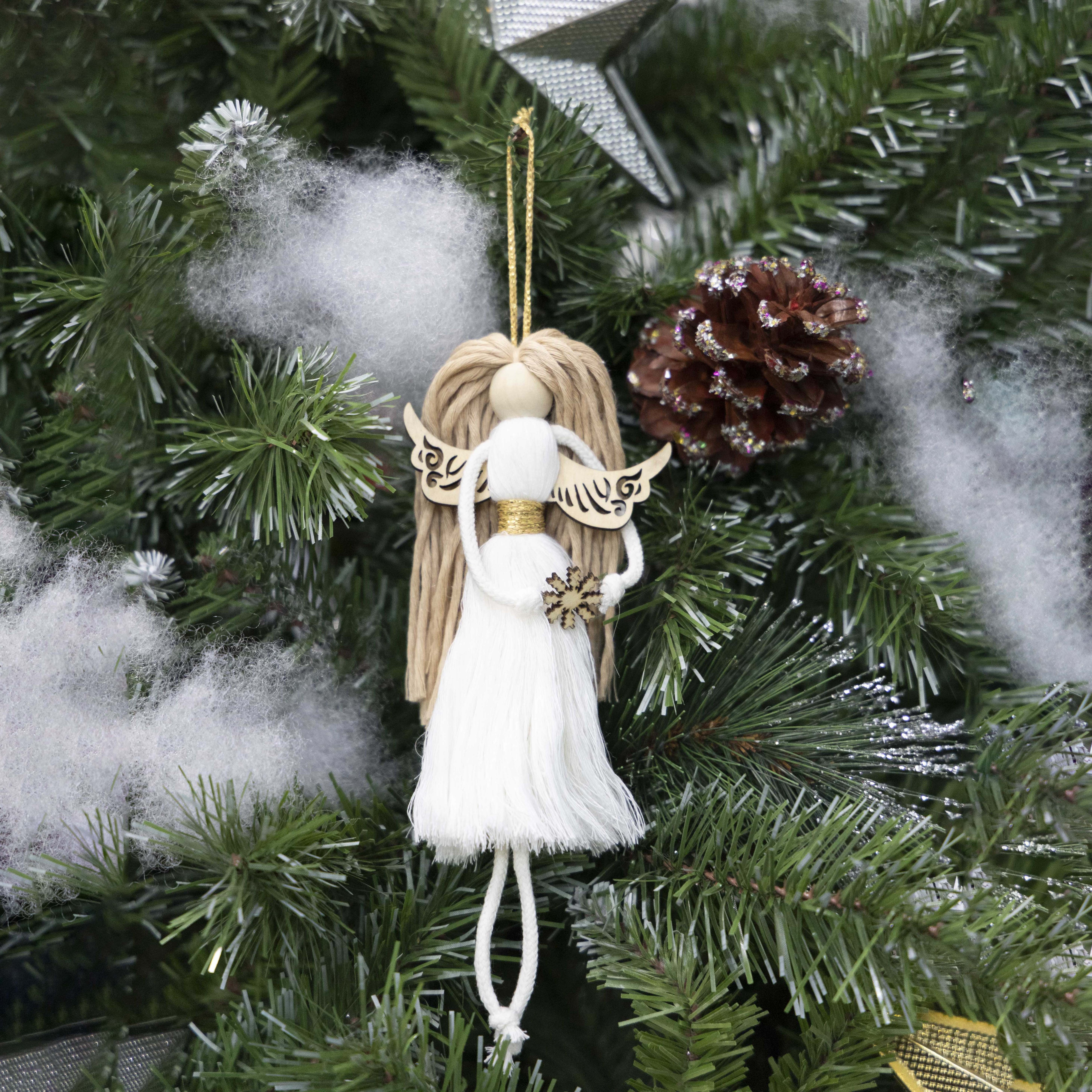 Hot Trending Macrame Christmas Cotton White Macrame Angel sitting on a stick hanging on the wall Home Decor Vietnam Supplier