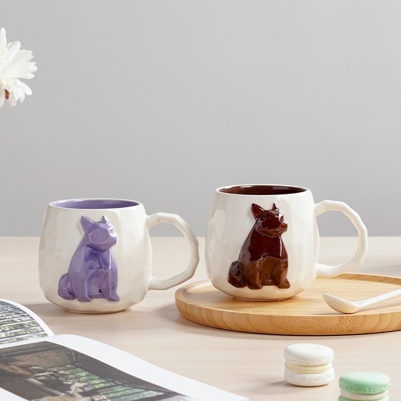 Dog Embossed Tea Mug Hand Painting Ceramic Animal Embossed Mug Porcelain 3D Animal Coffee Mug