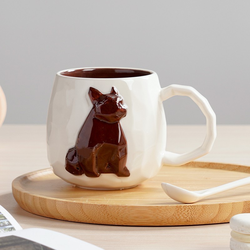 Dog Embossed Tea Mug Hand Painting Ceramic Animal Embossed Mug Porcelain 3D Animal Coffee Mug