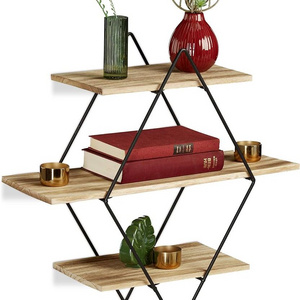 Living Room Storage Rack Wall Rectangular shape design Wood & Metal Mounted Shelf TV Background Hanger  Stand Metal Shelves