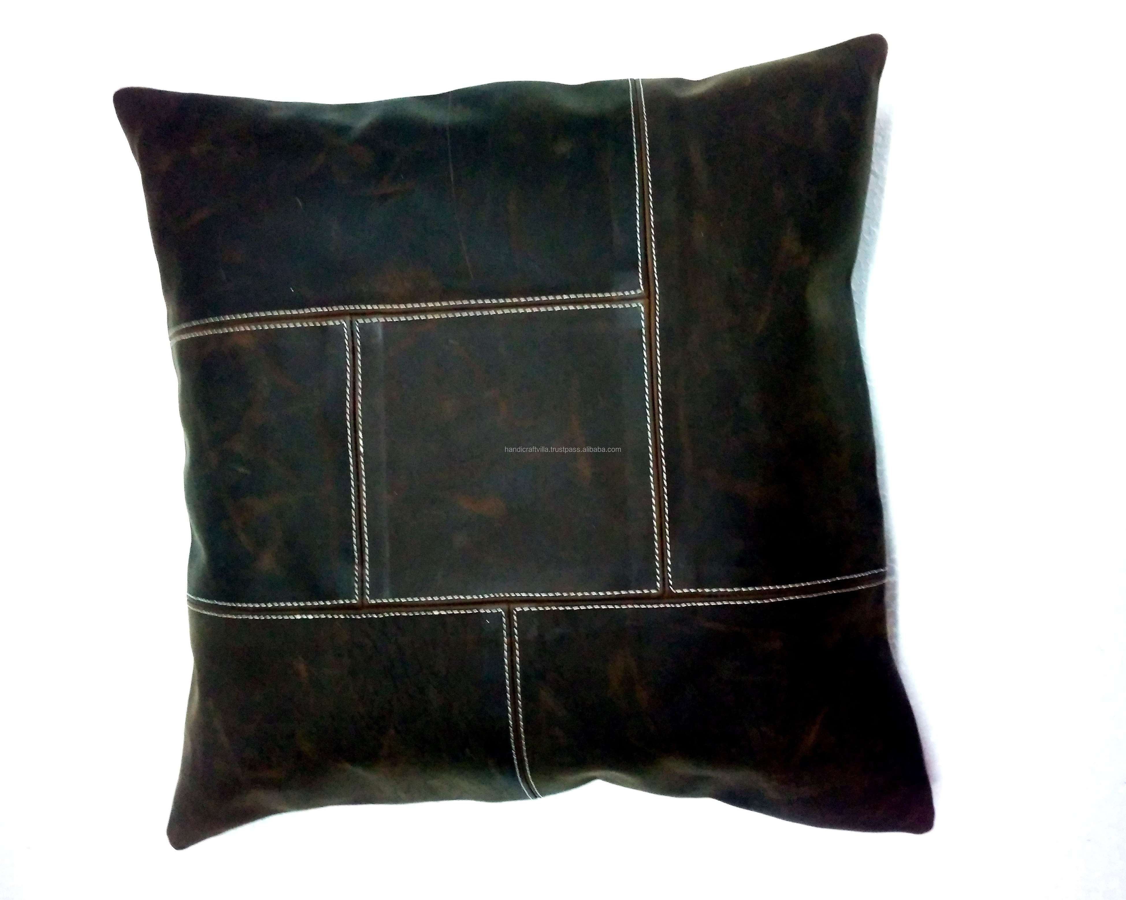 Patch Work Black Distressed Leather Without Filler for Couch, Sofa, Bed, Indoor, Living Room Bedroom Cushion Cover