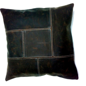 Patch Work Black Distressed Leather Without Filler for Couch, Sofa, Bed, Indoor, Living Room Bedroom Cushion Cover