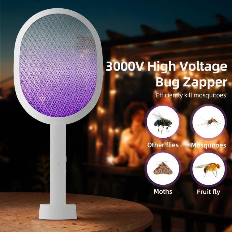 Electric Fly Swatter 3000V Smart Bug Zapper Racket with Base 3-Layer Safety Mesh Dual Modes Mosquito Killer with Purple Light Re