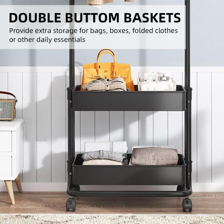 3-in-1 Garment Rack Shoe Rack Clothing Rack with 2 Tiers Basket and 2 Side Hooks Movable Storage Cart for Living Room Bedroom Dr