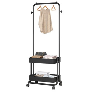 3-in-1 Garment Rack Shoe Rack Clothing Rack with 2 Tiers Basket and 2 Side Hooks Movable Storage Cart for Living Room Bedroom Dr