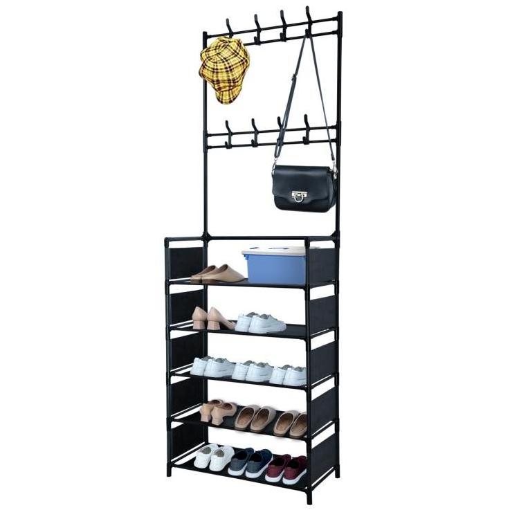 5 Tiers Metal Shoe Rack Hat Rack Adjustable Hall Tree with 16 Metal Hanger Hooks Side Cover for Entryway Bathroom Living Room Ea