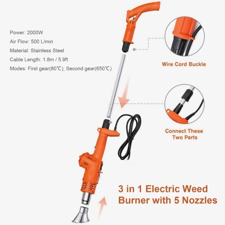 3 in 1 Electric  Burner Hot Air Weed Torch Barbecue Lighter with 5.9ft Cable 5 Nozzles Electric Weed Killer Thermal Weeding