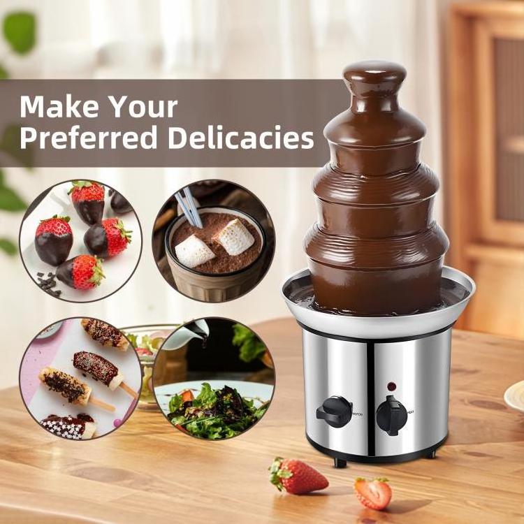 4 Tier Electric Chocolate Fondue Fountain Machine for Parties Stainless Steel Chocolate Melt Fondue for Melts Cheese Candy Lique