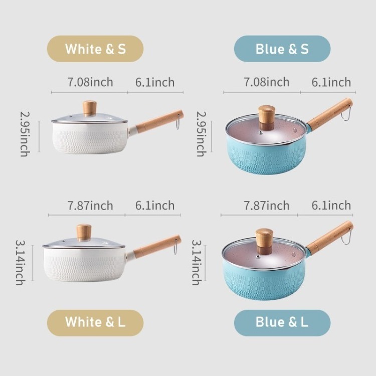 Sauce Pan with Glass Lid Wooden Handle Nonstick Aluminum Small Pot Noodles Pot for Egg Cooking Baby Food Dual Pour Spout