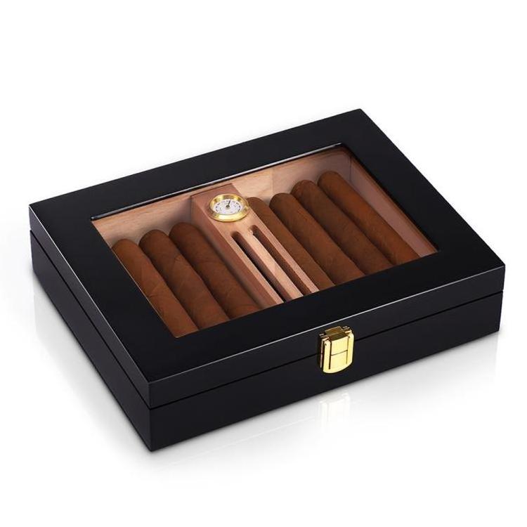 Cigar Humidor Storage 10-18 Cigars Box Cedar Glass Top Desktop Cigar Humidors Storage Case with Humidifier Hygrometer and Divide