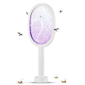 Electric Fly Swatter 3000V Smart Bug Zapper Racket with Base 3-Layer Safety Mesh Dual Modes Mosquito Killer with Purple Light Re