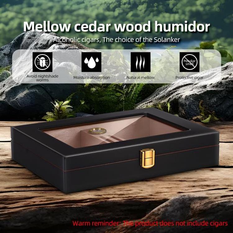 Cigar Humidor Storage 10-18 Cigars Box Cedar Glass Top Desktop Cigar Humidors Storage Case with Humidifier Hygrometer and Divide