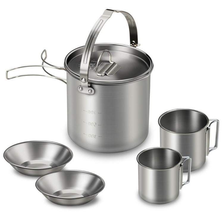 5PCS Stainless Steel Kettle with 2 Cups 2 Bowls Foldable Handles Lid Large Capacity Portable Tea Coffee Water Cooking Pot for Ca