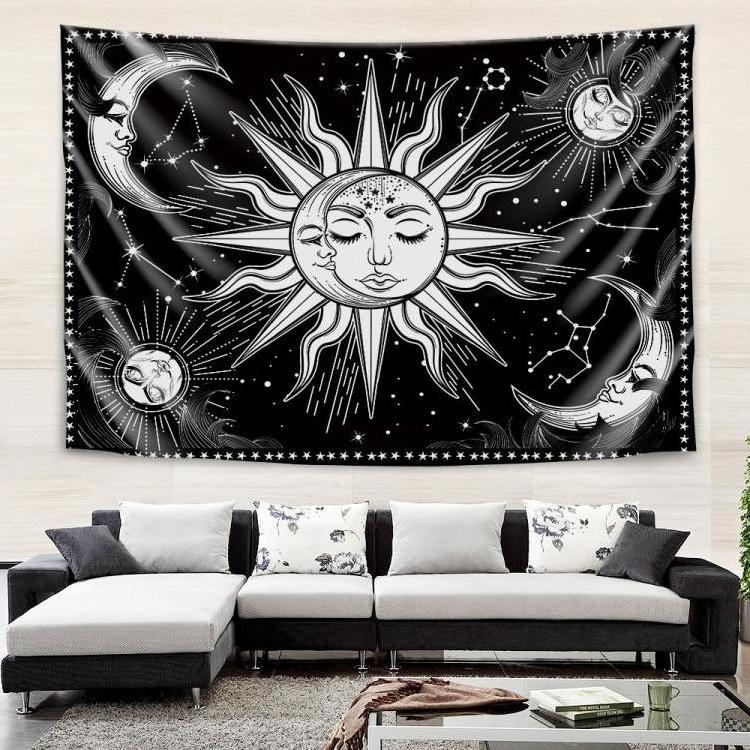 Aesthetic Black and White Sun Moon Tapestry Wall Decoration Hanging Tapestry for Bedroom Living Room 150 x 130cm/ 59 x 51.1inch