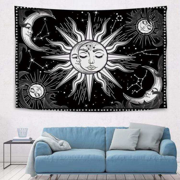 Aesthetic Black and White Sun Moon Tapestry Wall Decoration Hanging Tapestry for Bedroom Living Room 150 x 130cm/ 59 x 51.1inch