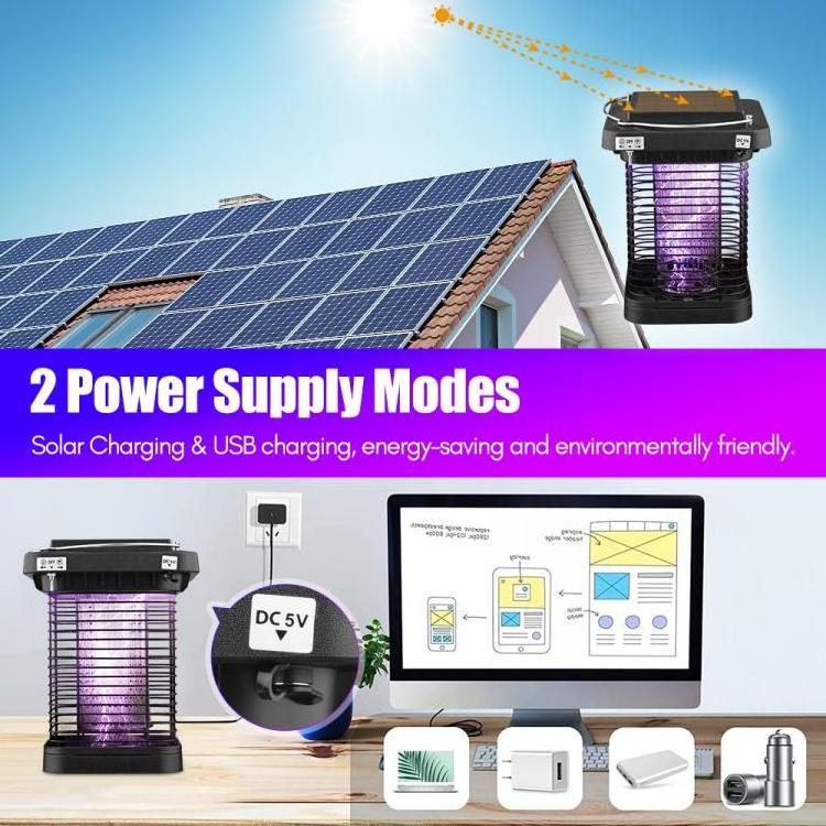 Outdoor Solar Powered Bug Killer Zapper High Powered Electric Mosquito Insect Fly Trap IP65 Waterproof with LED Light Lamp for H