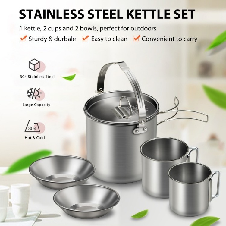 5PCS Stainless Steel Kettle with 2 Cups 2 Bowls Foldable Handles Lid Large Capacity Portable Tea Coffee Water Cooking Pot for Ca