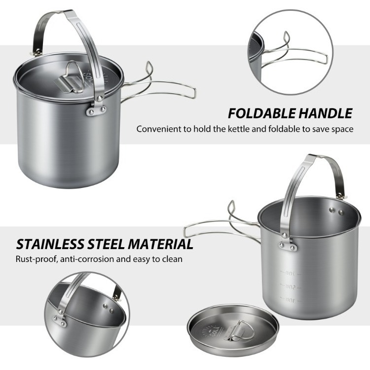 5PCS Stainless Steel Kettle with 2 Cups 2 Bowls Foldable Handles Lid Large Capacity Portable Tea Coffee Water Cooking Pot for Ca